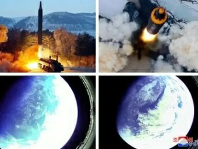 朝鮮中央通信が公開した中距離弾道ミサイル「火星12」の発射実験の様子とミサイル弾頭部に設置したカメラで撮影した地球の写真＝（朝鮮中央通信＝聯合ニュース）≪転載・転用禁止≫