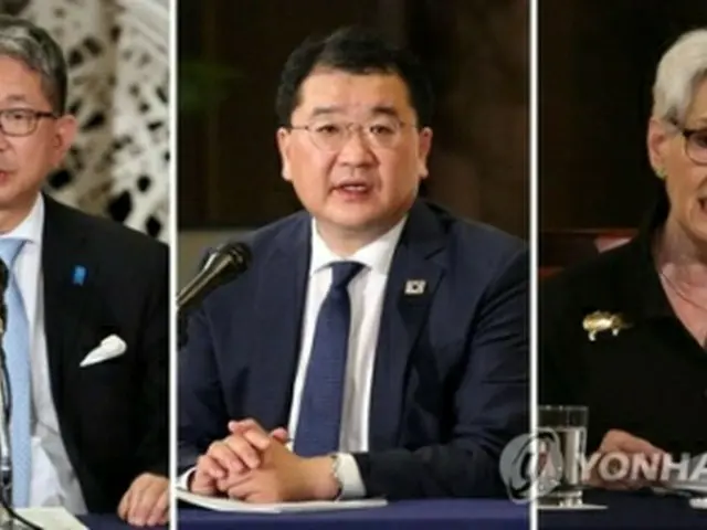 （左から）森氏、崔氏、シャーマン氏（資料写真）＝（聯合ニュース）