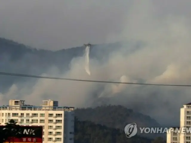 慶尚北道・盈徳で発生した山火事＝１６日、盈徳（聯合ニュース）