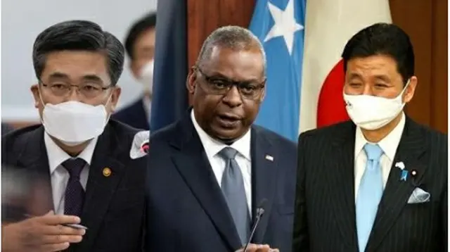 左から韓国の徐旭（ソ・ウク）国防部長官、米国のオースティン国防長官、日本の岸信夫防衛相（資料写真）＝（聯合ニュース）
