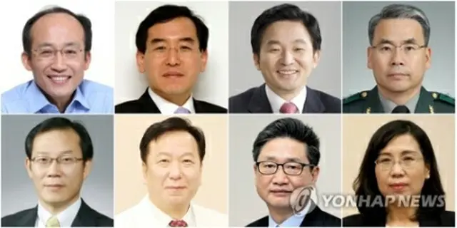 韓国次期政権の閣僚候補。（上段左から）秋氏、李昌洋氏、元氏、李鐘燮氏（下段左から）李宗昊氏、鄭鎬永氏、朴普均氏、金賢淑氏＝（聯合ニュース）