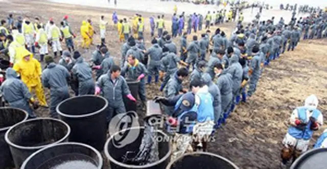 忠清南道泰安郡の海水浴場では、官民軍が合同で油除去作業に総力を上げている＝11日、泰安（聯合）