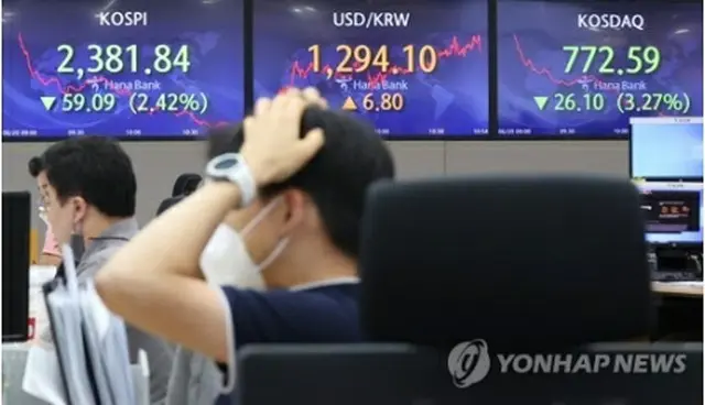 ハナ銀行本店のディーリングルーム。取引時間中のＫＯＳＰＩなどが表示されている＝２０日、ソウル（聯合ニュース）