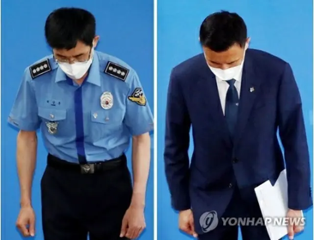 今月１６日、男性公務員が北朝鮮軍に射殺された事件の最終捜査結果の発表と追加説明を行った仁川海洋警察署長（左）と国防部の担当者＝（聯合ニュース）