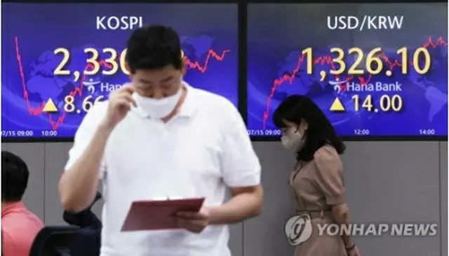 ハナ銀行本店のディーリングルームに株価と為替レートが表示されている＝１５日、ソウル（聯合ニュース）