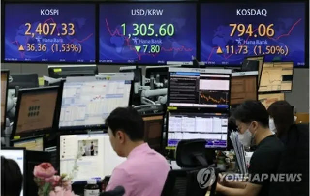 取引時間中のハナ銀行本店のディーリングルーム＝２０日、ソウル（聯合ニュース）