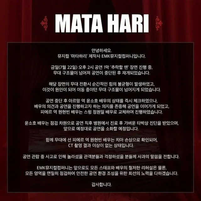 韓国ミュージカル「マタハリ」公演中に転落事故発生…俳優2人は軽傷で今後の公演も予定通り（画像提供:wowkorea）
