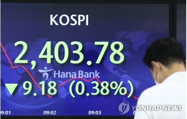 ハナ銀行本店のディーリングルームに取引時間中のＫＯＳＰＩ指数が表示されているー＝２７日、ソウル（聯合ニュース）