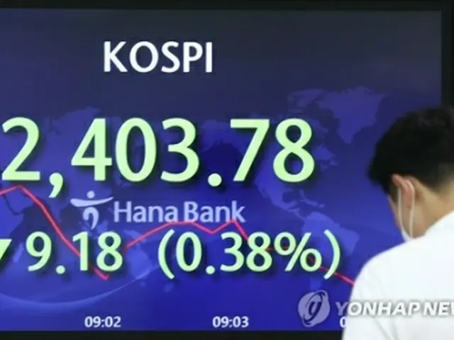 ハナ銀行本店のディーリングルームに取引時間中のＫＯＳＰＩ指数が表示されているー＝２７日、ソウル（聯合ニュース）