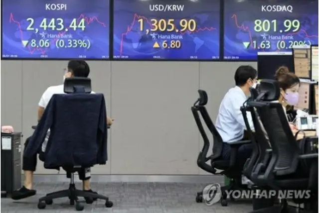 株価指数や為替相場が表示されたハナ銀行本店ディーリングルームのモニター＝１日、ソウル（聯合ニュース）