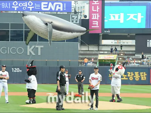 【フォト】俳優カン・テオ、ウ・ヨンウ弁護士の代わりに「クジラと一緒に始球式に来ました！」（画像提供:wowkorea）