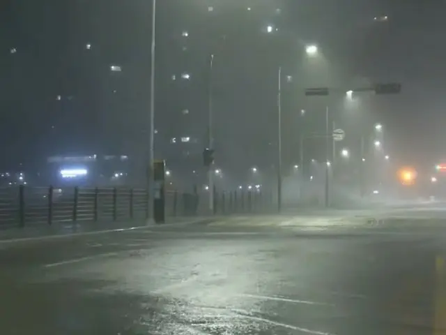 19日の夜、強風と大雨に見舞われている釜山・海雲台の様子（画像提供:wowkorea）