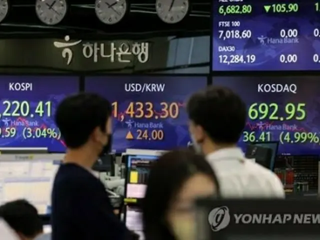ハナ銀行本店のディーリングルームに取引時間中の株価指数が表示されている＝２６日、ソウル（聯合ニュース）