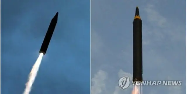 北朝鮮が今月１０日に公開した４日のＩＲＢＭ発射場面（左）と、過去の火星１２の発射場面の比較。左はメインエンジンの火炎しか見えないのに対し、右は補助エンジン４基の火炎がはっきり見える＝（朝鮮中央通信＝聯合ニュース）≪転載・転用禁止≫