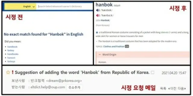 ＯＡＬＤに「ｈａｎｂｏｋ」が掲載される前（左）と掲載された後（右）の画面（ＶＡＮＫ提供）＝（聯合ニュース）≪転載・転用禁止≫