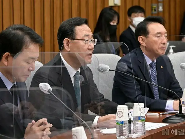韓国与党“国民の力”の朱豪英院内代表が8日の午前、国会で開かれた院内対策会議で発言をしている様子（画像提供:wowkorea）