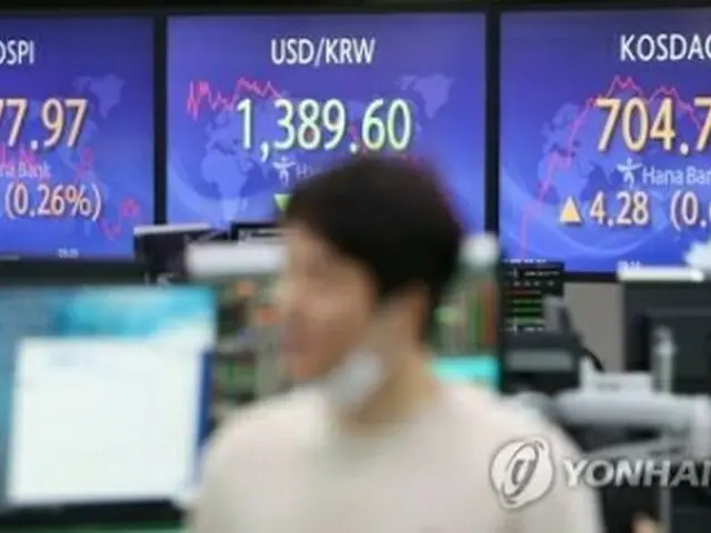 銀行のディーリングルームに取引時間中の株価指数や為替レートが表示されている＝８日、ソウル（聯合ニュース）