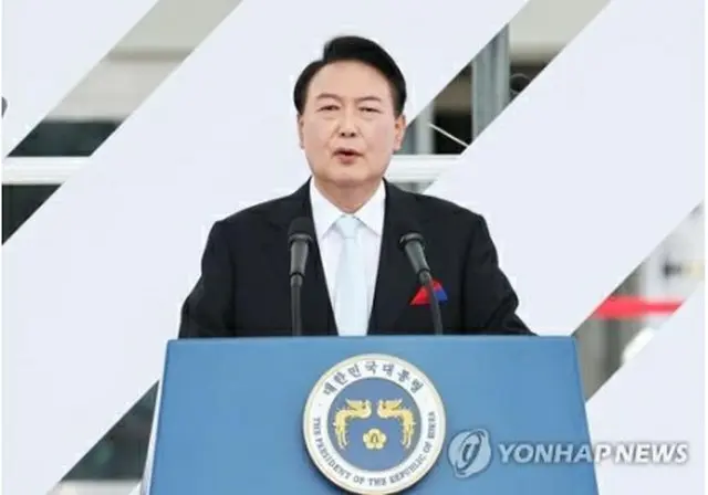 8月15日の光復節（日本による植民地支配からの解放記念日）の演説で北朝鮮に「大胆の構想」を提案する尹大統領＝（聯合ニュース）