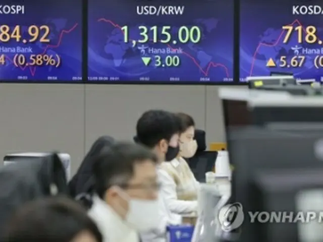 ハナ銀行本店のディーリングルームに取引時間中の株価と為替相場が表示されている＝９日、ソウル（聯合ニュース）