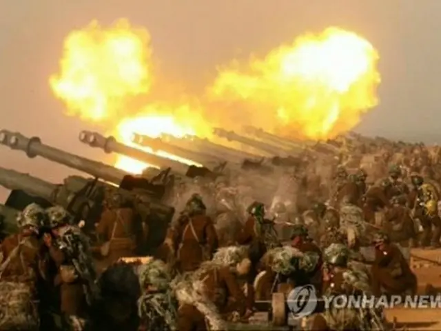 ２０２０年３月２１日、朝鮮中央テレビが公開した砲撃訓練の様子（朝鮮中央テレビの画像から）＝（聯合ニュース）≪転載・転用禁止≫