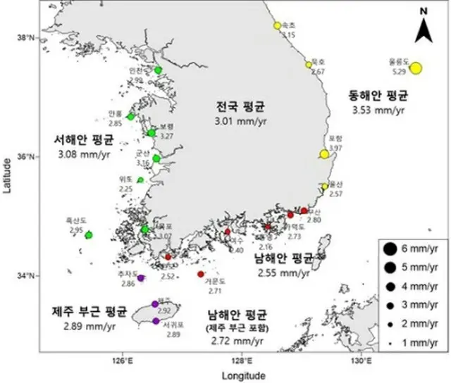 国立海洋調査院が韓国沿岸の海面水位の変化を分析した結果を発表した（同調査院提供）＝（聯合ニュース）≪転載・転用禁止≫