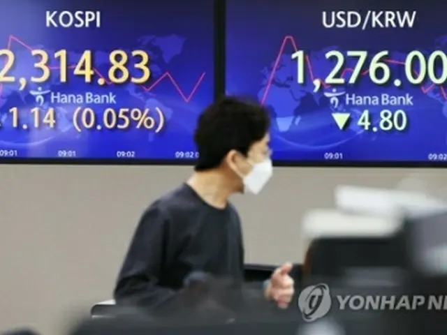 ハナ銀行本店のディーリングルームに取引時間中のＫＯＳＰＩと為替相場が表示されている＝２６日、ソウル（聯合ニュース）