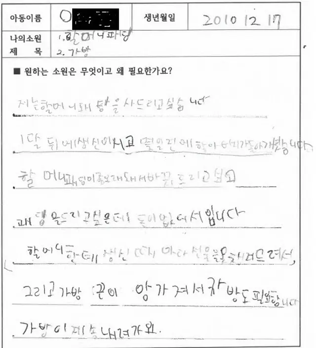 「サンタさん、自分ではなくおばあちゃんにダウンジャケットを買ってください」＝韓国の子ども（画像提供:wowkorea）
