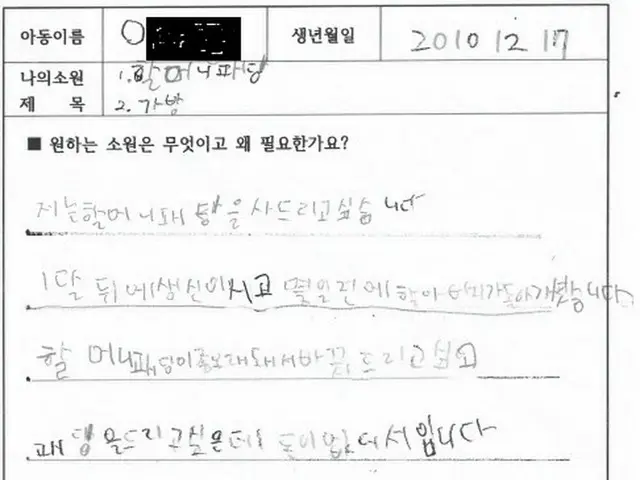 「サンタさん、自分ではなくおばあちゃんにダウンジャケットを買ってください」＝韓国の子ども（画像提供:wowkorea）
