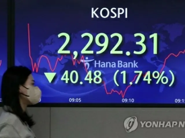 ハナ銀行本店のディーリングルームに取引時間中のＫＯＳＰＩが表示されている＝２８日、ソウル（聯合ニュース）