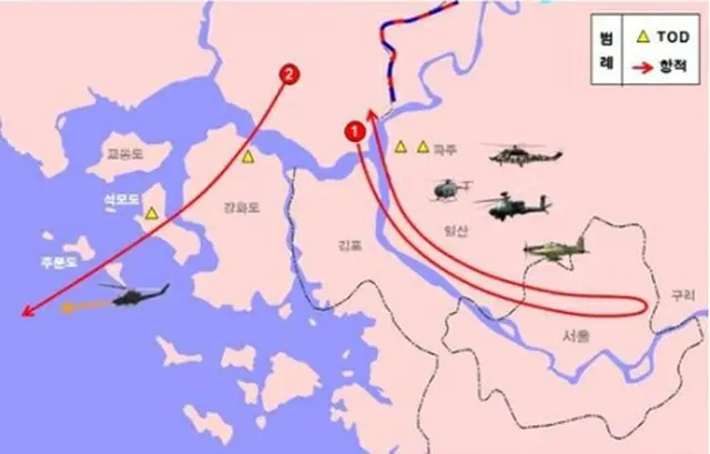 韓国国会国防委員会が28日に開いた全体会議で、26日に韓国領空を侵犯した北朝鮮無人機に関する資料が公開された。赤い矢印が無人機の航跡（同委員会提供）＝（聯合ニュース）≪転載・転用禁止≫