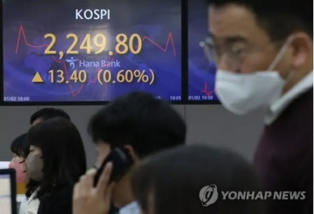 ハナ銀行本店のディーリングルームに取引時間中のＫＯＳＰＩと為替相場が表示されている＝２日、ソウル（聯合ニュース）