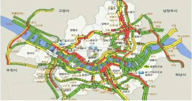 ２２日午後２時の交通渋滞の予想図（ソウル市提供）＝（聯合ニュース）≪転載・転用禁止≫