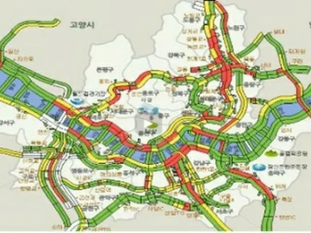 ２２日午後２時の交通渋滞の予想図（ソウル市提供）＝（聯合ニュース）≪転載・転用禁止≫