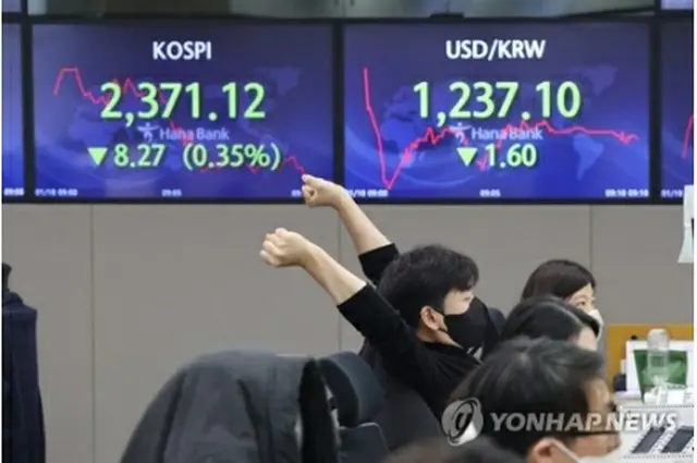 ハナ銀行のディーリングルームのモニターに取引時間中のＫＯＳＰＩと為替レートが表示されている＝１８日、ソウル（聯合ニュース）