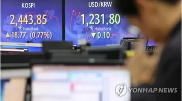 ＫＯＳＰＩと為替レートを表示するハナ銀行ディーリングルームのモニター＝１日、ソウル（聯合ニュース）