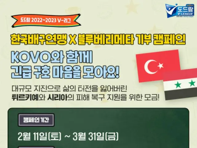 「トルコ・シリアの地震支援」韓国バレーボール連盟＆Blueberry Meta、寄付キャンペーン（画像提供:wowkorea）