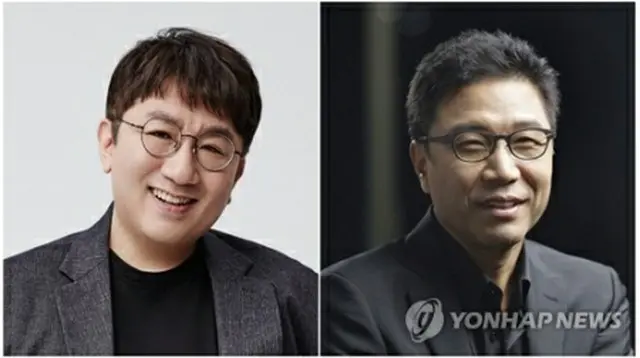 李秀満氏（右）と房時赫氏（ＳＭエンタテインメント、ＨＹＢＥ提供）＝（聯合ニュース）≪転載・転用禁止≫