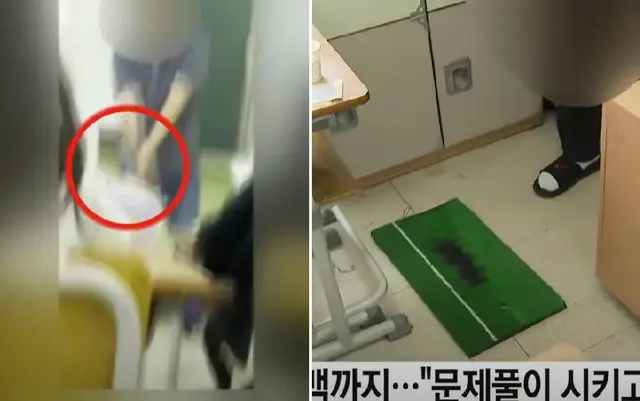 韓国・キョンギド（京畿道）ある小学校の教師が授業時間に教室で児童たちに問題を解かせて、自分はゴルフのスイング練習をしたとの疑惑が提起された。（画像提供:wowkorea）