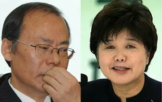 辞退を表明した南柱洪氏（左）と朴銀瓊氏＝27日、ソウル（聯合）