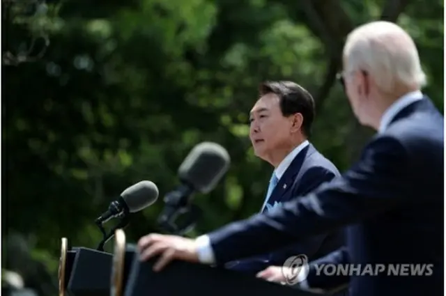 ４月にワシントンで共同記者会見を行った韓米の首脳（共同取材）＝（聯合ニュース）