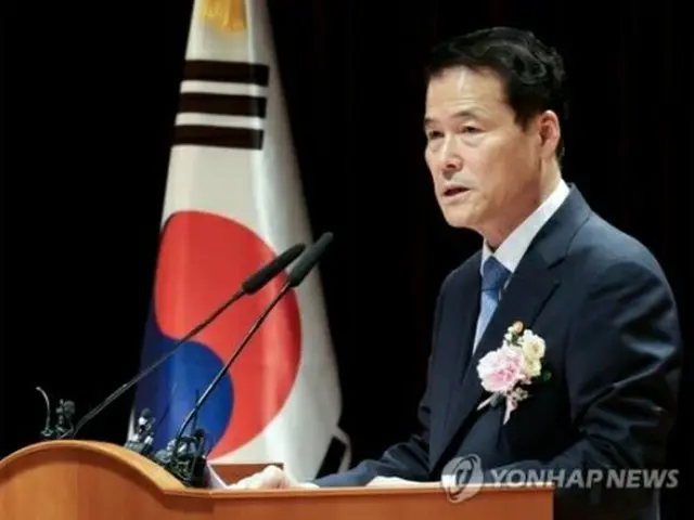 7月28日、就任式であいさつする韓国統一部の金暎浩長官＝（聯合ニュース）
