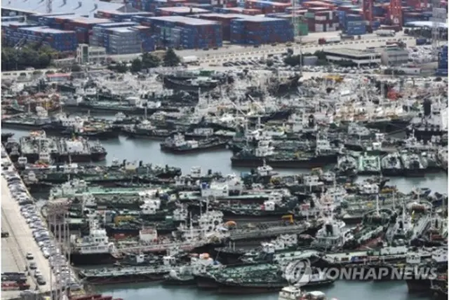 台風６号の北上に備え、釜山港に避難した船舶＝８日、釜山（聯合ニュース）