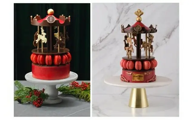 グランドインターコンチネンタルソウルパルナスの「メリーゴーラウンド」。左が昨年、右が今年のケーキ（パルナスホテル提供）＝（聯合ニュース）≪転載・転用禁止≫