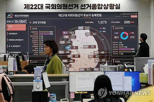 中央選挙管理委の選挙総合状況室＝２５日、ソウル（聯合ニュース）