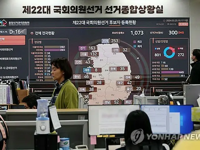 中央選挙管理委の選挙総合状況室＝２５日、ソウル（聯合ニュース）