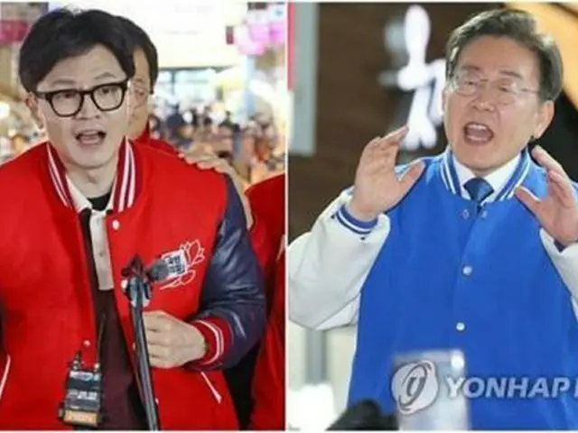 国民の力の韓東勲・非常対策委員長（左）と共に民主党の李在明代表（資料写真）＝（聯合ニュース）