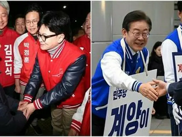 総選挙の公式選挙運動期間が始まった２８日、選挙運動を行う国民の力の韓東勲・非常対策委員長（左）と共に民主党の李在明代表＝（聯合ニュース）