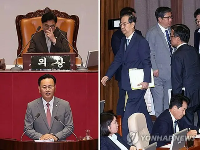 フィリバスターに突入後、演説を行う国民の力の劉相凡（ユ・サンボム）議員（写真左）と、対政府質疑が中止になり本会議場を退場する韓悳洙（ハン・ドクス）首相と崔相穆（チェ・サンモク）経済副首相兼企画財政部長官（同右）＝３日、ソウル（聯合ニュース）