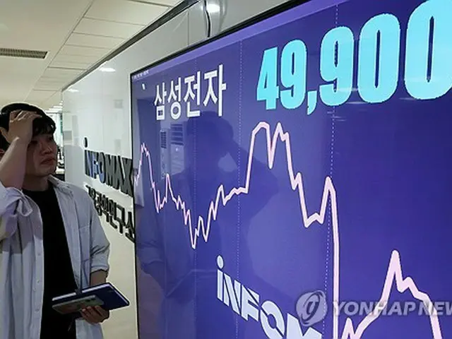 金融経済情報メディア、聯合インフォマックスのモニターに表示されたサムスン電子の株価＝１４日、ソウル（聯合ニュース）
