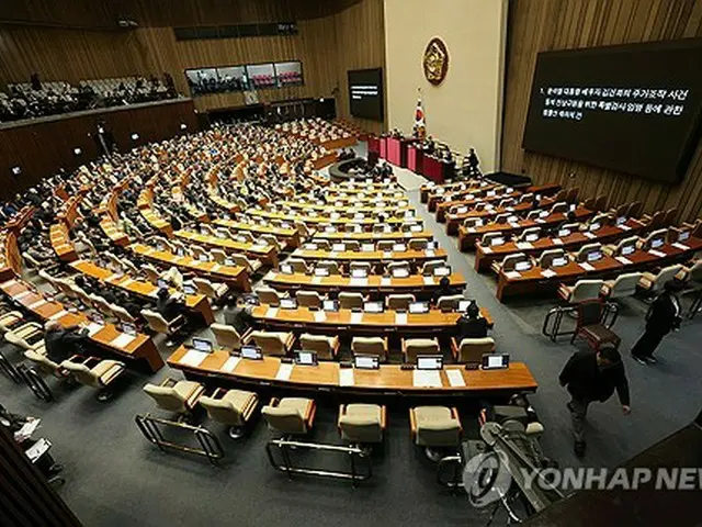 ７日の国会本会議では、尹大統領の弾劾案の採決を前に与党「国民の力」の議員のほとんどが退席した＝（聯合ニュース）